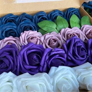 25 count | Navy Blue Purple White Roses Wedding Party Bouquet Centerpiece Decor
